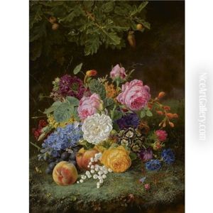 A Still Life With Flowers And Fruit On A Forest Ground by Henriette Gertruide Knip
