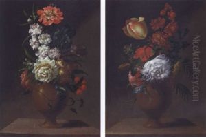Blumenstilleben In Tonvase Auf Einer Steinbrustung