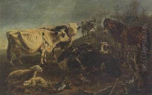 Schafe, Kuhe, Pferd, Esel Und Enten Auf Der Weide by Joseph Augustus Knip