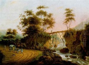 Travellers With A Horse And Wagon On A Sandy Track Near A Waterfall, A Shepherd On A Footbridge Beyond, In A Mountainous Landscape