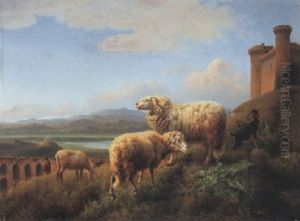 Rastende Schafherde In Italienischer Landschaft by Joseph Augustus Knip