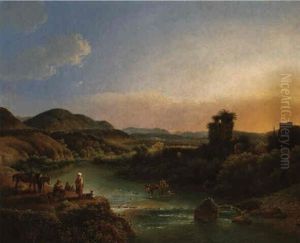 Peasants Resting On A Wooded Outcrop Above A River by Joseph Augustus Knip