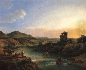 Peasants Resting On A Wooded Outcrop Above A River, With A Muleteer Peasants Resting On A Wooded Outcrop Above A River, With A Muleteer