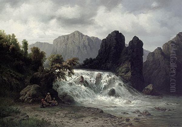Wildbach Im Kaukasus Mit Rastenden Jagern Am Ufer - view 1