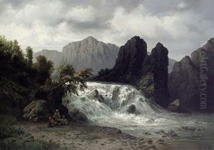 Wildbach Im Kaukasus Mit Rastenden Jagern Am Ufer