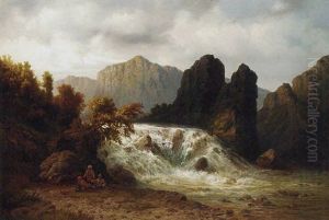 Figures Resting By A Waterfall In A Mountainous Landscape by Waldemar Knoll