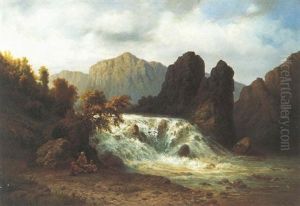 Wildbach Im Kaukasus Mit Rastenden Jagern