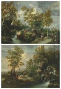 An Extensive Wooded Landscape With Figures By A Waterfall, A Town Beyond; And Travellers Resting By A Waterfall, A Town Beyond by Martin Knoller