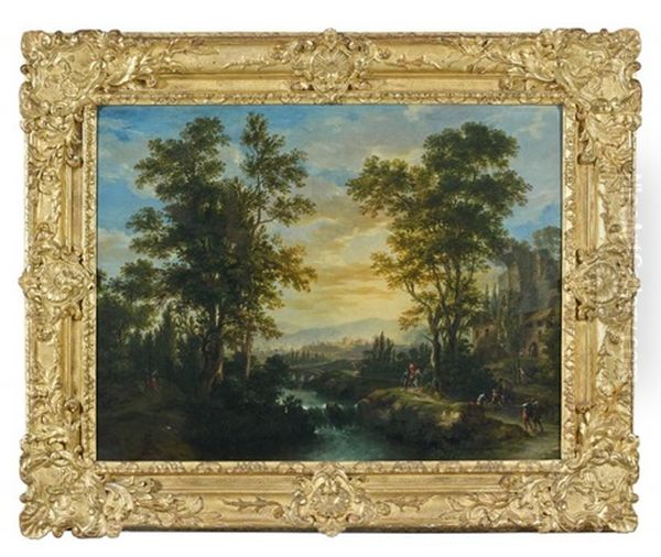 Paysage De Riviere Anime D'un Cavalier Et De Personnages Et Vallon Rocheux Anime De Voyageurs (pair) - view 1
