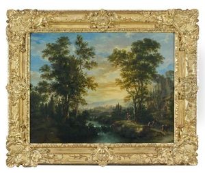 Paysage De Riviere Anime D'un Cavalier Et De Personnages Et Vallon Rocheux Anime De Voyageurs (pair) by Martin Knoller