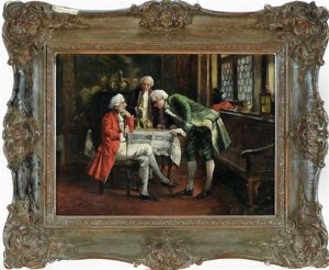 Drei Edelleute Am Tisch Bei Der Begutachtung Von Schmuck Und Wertvollen Gegenstanden by August Hermann Knoop