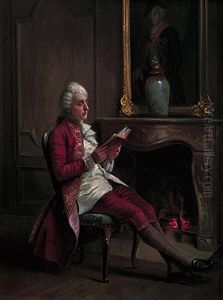 Eleganter Kavalier Im Habit Des 18. Jahrhunderts Sitzt Am Kamin Und Liest In Einem Buch by August Hermann Knoop