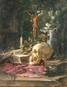 Vanitas-stilleben Mit Kruzifix, Kerze, Buchern, Blumenstraus Und Totenkopf