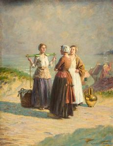 Drei Junge Fischerfrauen In Hollandischer Dunenlandschaft Drei Junge Fischerfrauen In Hollandischer Dunenlandschaft