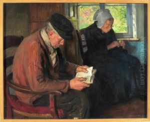 Alteres Ehepaar In Der Stube - Er Liest In Einem Kleinen Buch, Wahrend Sie In Die Hausarbeit Vertieft Ist by Imre Knopp