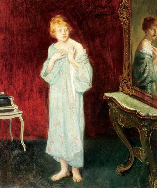 Young Lady Looking In Mirror Admiring Robe - view 1