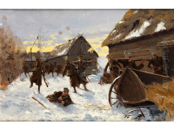 Kriegsgefecht In Einem Verschneiten Russischen Dorf - view 1