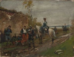 Preusischer Husar Zu Pferd Bei Franzosischen Kriegsgefangenen by Richard Knoetel
