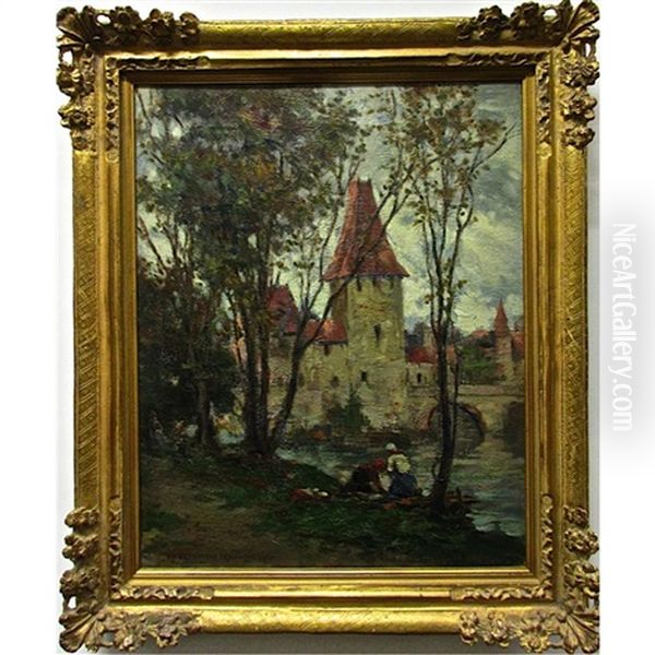 European River Scene With Ladies On Dock - view 1
