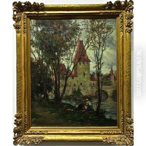 European River Scene With Ladies On Dock