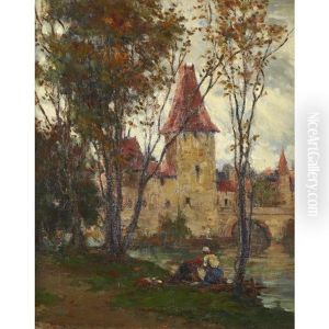 European River Scene With Figures by Farquhar McGillivray Strachen Knowles