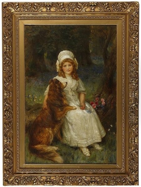 Young Girl With Pet Collie Seated On A Log With Flowers In A Woodland Scene - view 1