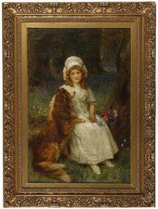 Young Girl With Pet Collie Seated On A Log With Flowers In A Woodland Scene by George Sheridan Knowles