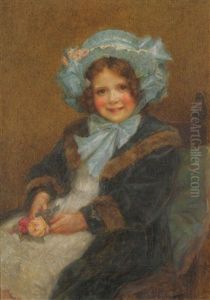 Joyce, Daughter Of Arthur E J Hinchcliffe Esq, Seated, Three-quarter Length Wearing Period Costume Holding Roses by George Sheridan Knowles