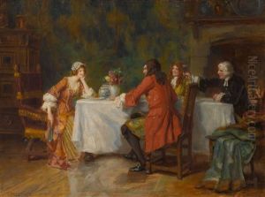Rokokogesellschaft Am Tisch Vor Einem Kaminfeuer by George Sheridan Knowles