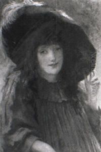 A Portrait Of A Young Girl Wearing A Red Smock Dress And A  Hat With A Feathered Plume