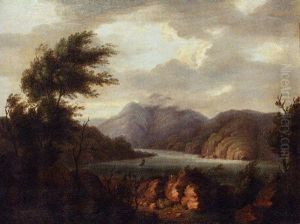 An Extensive Mountainous Landscape With Figures On The Shores Of A Lake, A Sailboat Beyond