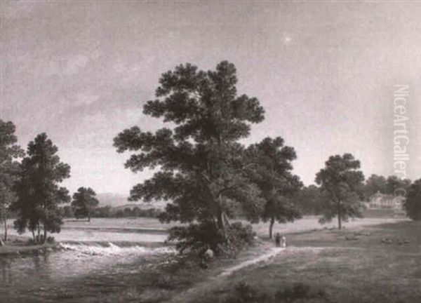 Figures Walking In A Park With A Fisherman In The Foreground - view 1