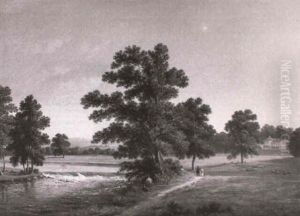 Figures Walking In A Park With A Fisherman In The Foreground by John Knox