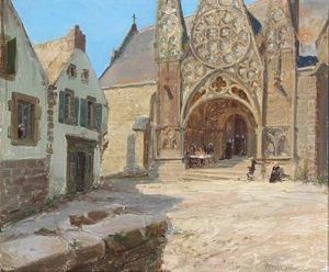 Street Scene From Pont-croix In France by Peder Jacob Marius Knudsen