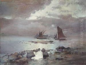 Coastal Scene With Sailing Ships On A Misty Morning by Peder Jacob Marius Knudsen