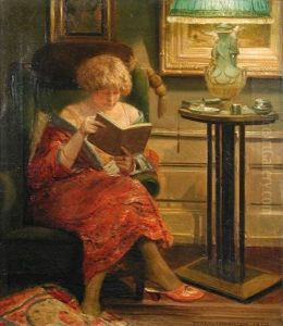 A Girl Reading A Book In A Library by Peder Jacob Marius Knudsen