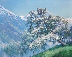Blomstrende Frugttraeer Ved En Hojtliggende So, I Baggrunden Sneklaedte Bjerge by Peder Jacob Marius Knudsen