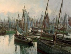 A Busy Harbor by Peder Jacob Marius Knudsen
