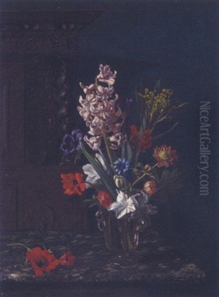 Summer Blooms In A Glass Vase On A Marble Table In An Interior - view 1