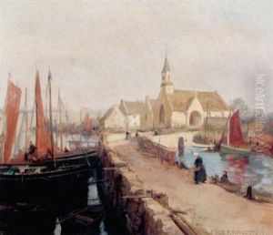 Havneparti Fra Bretagne Med Bade Ved Molen Og Kirke I Baggrunden