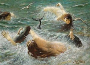 Meeresidyll, Nymphen Mit Delphinen In Den Wogen Tummelnd by Benes (Benesch) Knuepfer