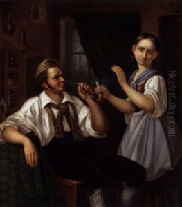 Interior Med Ungt Par by Christian Ludvig Knutzen (Knudsen)