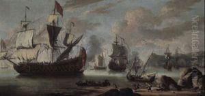An English Three-decker Flagship With Other Shipping Close Inshore