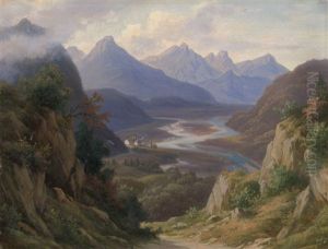 Alpenlandschaft: Blick In Ein Tal Mit Landgut Und Dorf by Georg Koebel