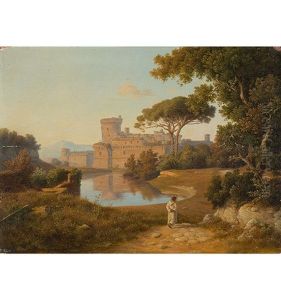Italienische Landschaft Mit Blick Auf Ein Kastell by Georg Koebel