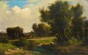 Baumbestandene Landschaft Mit Bauern Bei Der Heuernte by Georg Koebel