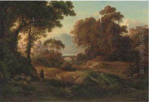 Monks Before A Monastery In An Arcadian Landscape