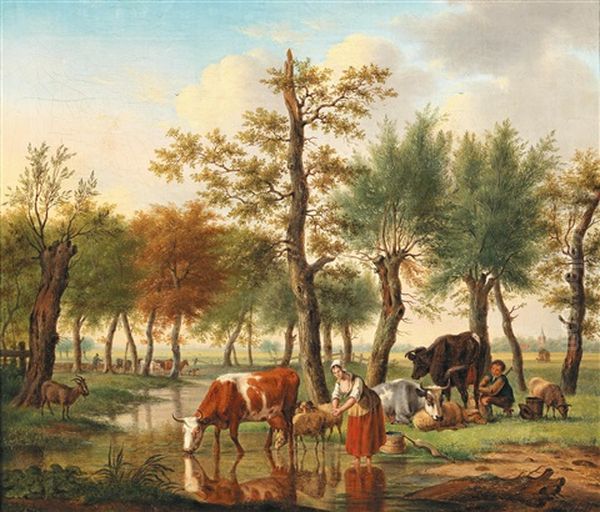 Herd Of Animals Near A Watering Place With Shepherds - view 1