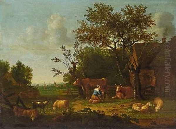 Bauerin Beim Kuhemelken Auf Der Weide Vor Der Kate - view 1
