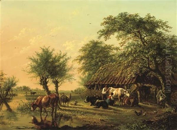 An Extensive Landscape With Cattle Near A Barn - view 1